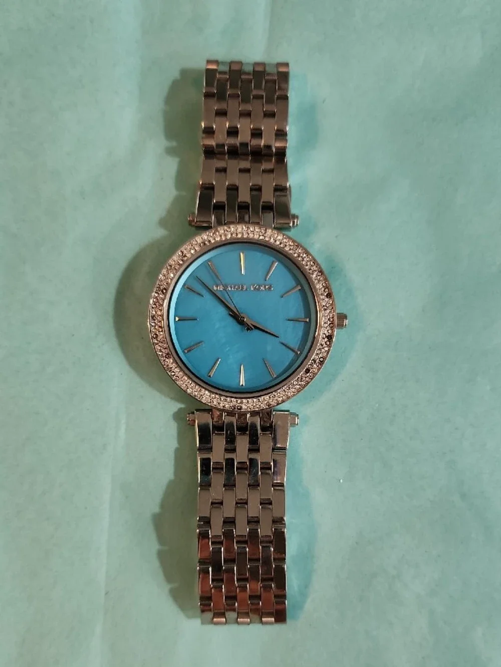 Michael Kors Silver Bracelet Watch with Turquoise Blue Dial and Crystal Bezel